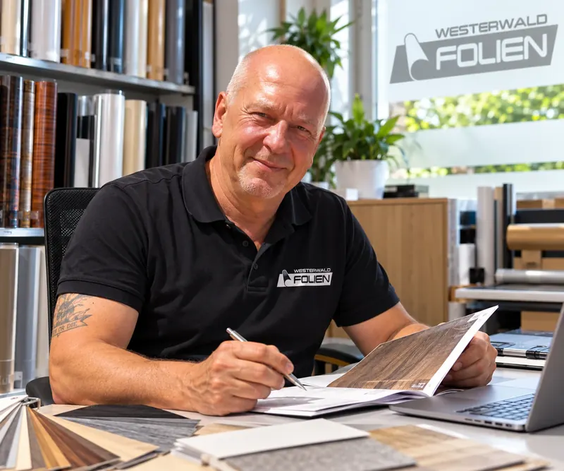 Glasermeister Marcus Nöll im schwarzen Westerwald-Folien-Poloshirt am Schreibtisch mit einem Musterbuch für Holzdekor-Folien, im Hintergrund Folienrollen und das Firmenlogo am Fenster