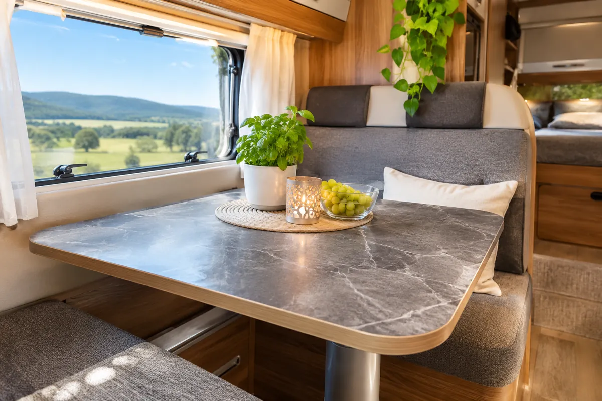 Folierter Campingtisch im Wohnmobil mit dekorativer Möbelfolie