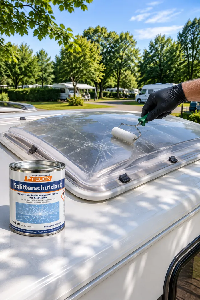 Splitterschutzlack wird auf eine Plexiglas-Dachhaube am Wohnwagen aufgetragen