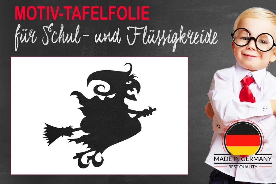 Motiv Tafelfolie Hexe auf Hexenbesen aus Kreidefolie