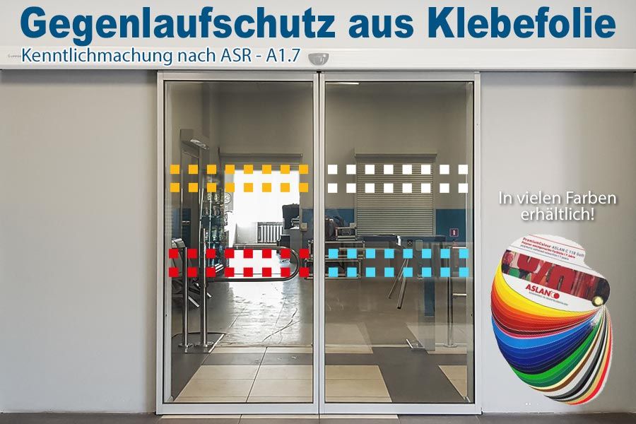 markierung aus farbiger klebefolie in karo-optik auf einer doppelflügeligen glastür