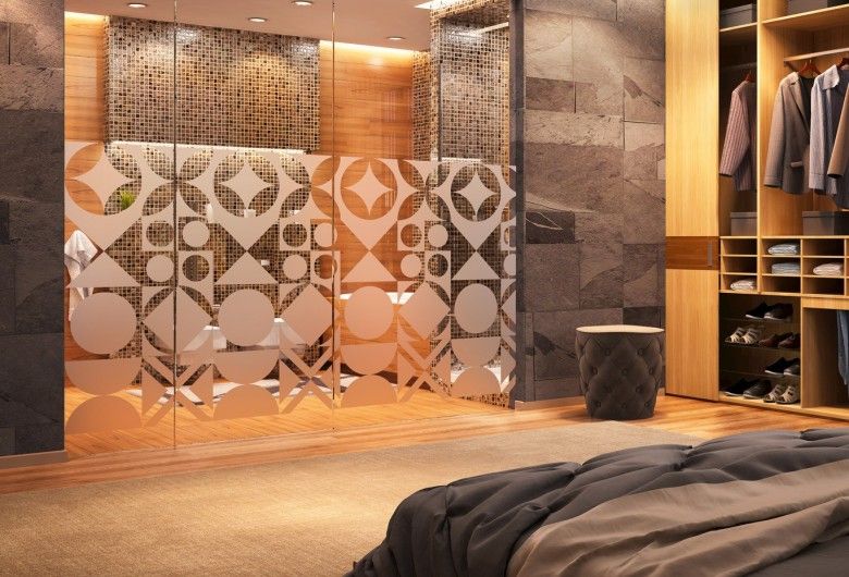 Fenster Dekorfolie mit satinierten geometrischen Formen im Retro-Style auf Glasdusche