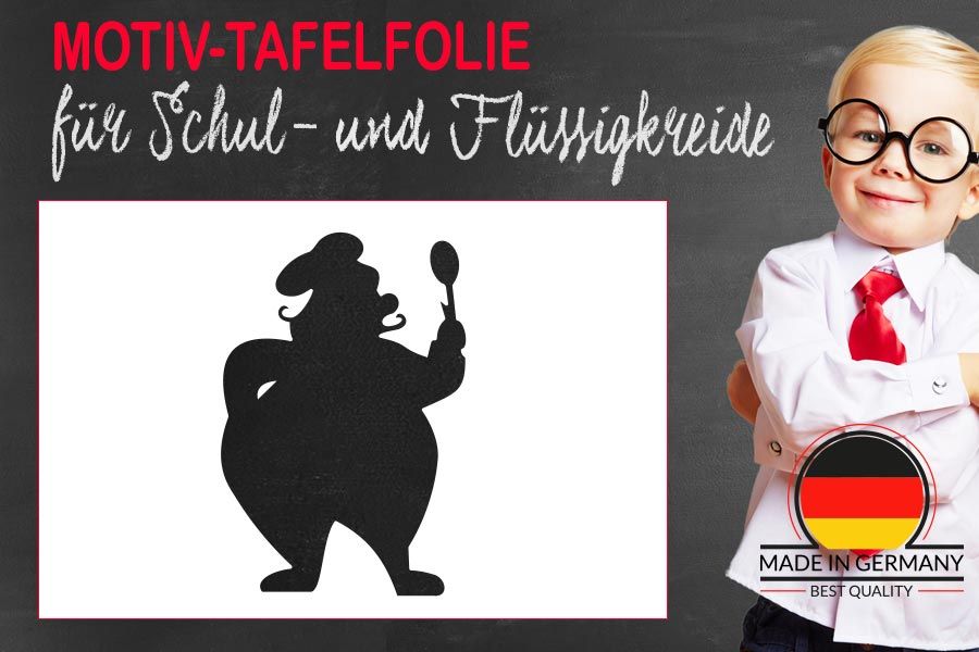 Tafelfolien-Motiv dicker Koch mit Kochmütze und Kochlöffel zum Beschreiben mit Kreidemarkern