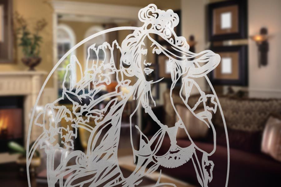 Selbstklebendes Jugenstil Glasdekor auf Glastür verklebt