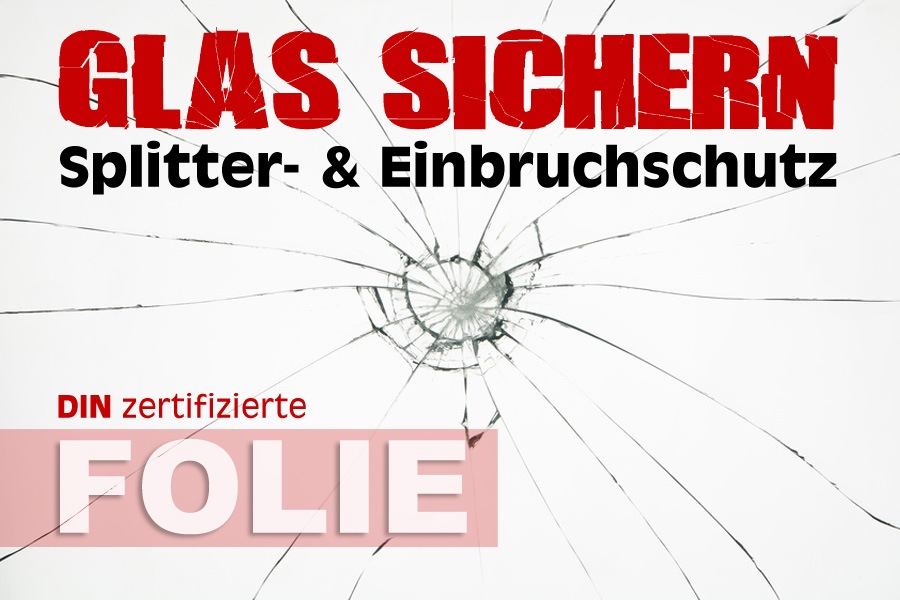 gerissene glasscheibe mit loch durch sicherheitsfolie gesichert