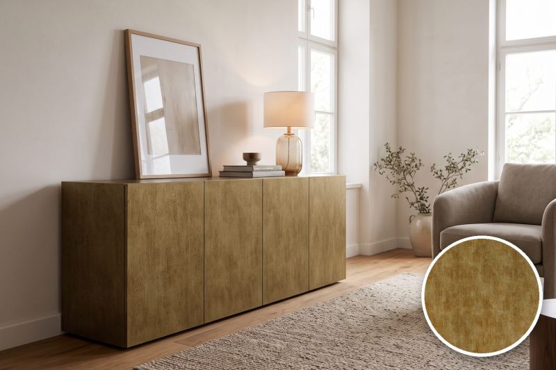 Anwendungsbeispiel mit Coverstyl Möbelfolie Antique Gold – Antikgold Strukturoptik, rechts unten die Oberfläche im Detail