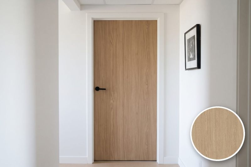 Anwendungsbeispiel mit Coverstyl Möbelfolie Tallow Oak – Eiche hell, rechts unten die Oberfläche im Detail