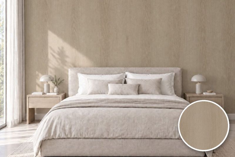 Anwendungsbeispiel mit Coverstyl Möbelfolie Flint Oak – Eiche mittel, rechts unten die Oberfläche im Detail