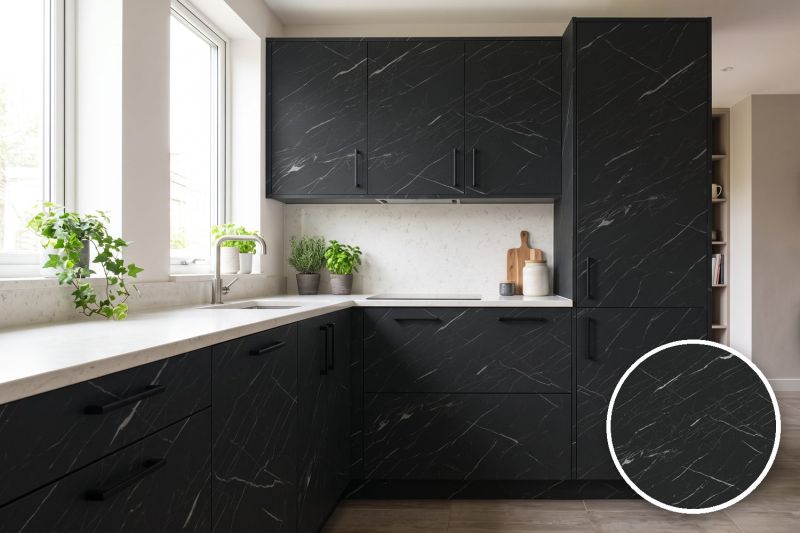 Anwendungsbeispiel mit Coverstyl Möbelfolie Nero Marquina High Resistant – Marmor schwarz, rechts unten die Oberfläche im Detail