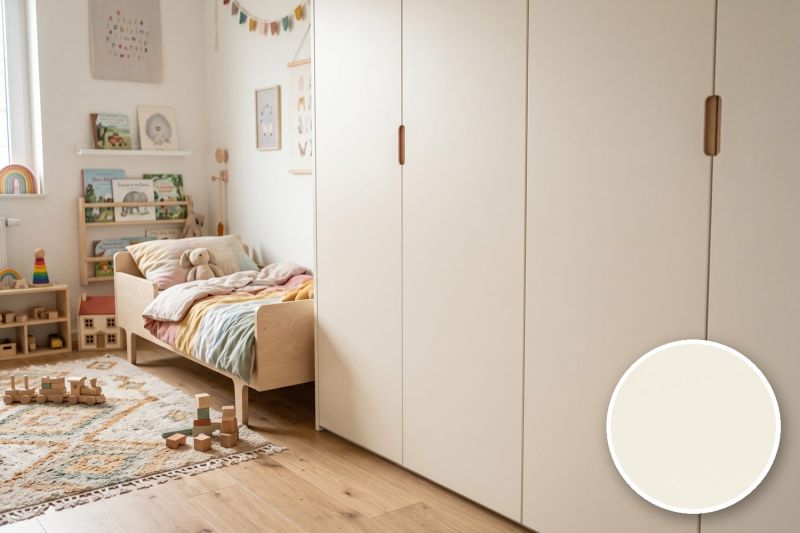 Anwendungsbeispiel mit Coverstyl Möbelfolie Vanilla – Uni signalweiß, rechts unten die Oberfläche im Detail