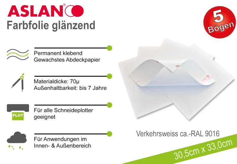 ASLAN Hobby-Plotterfolie Verkehrsweiss glänzend 5er-Set