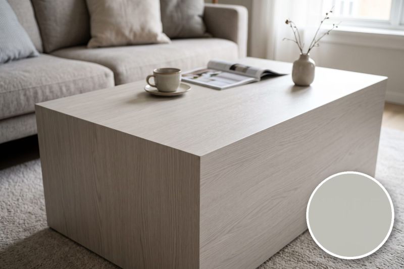 Anwendungsbeispiel mit Coverstyl Möbelfolie Oyster – Holzoptik austerngrau, rechts unten die Oberfläche im Detail