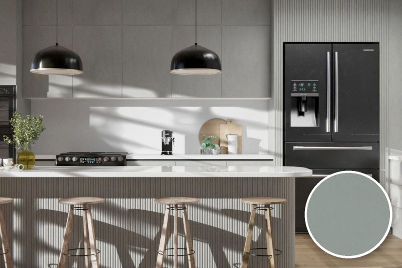 Anwendungsbeispiel mit Coverstyl Möbelfolie PVC Free - Urban Gray – Beton grau, rechts unten die Oberfläche im Detail