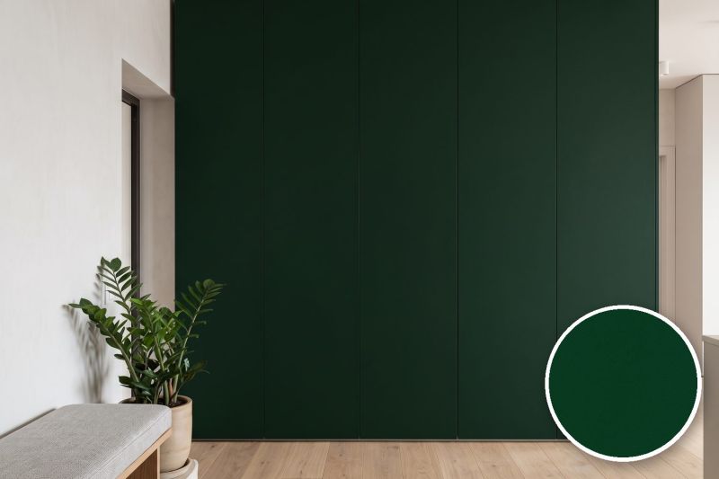 Anwendungsbeispiel mit Coverstyl Möbelfolie Evergreen – Uni moosgrün, rechts unten die Oberfläche im Detail