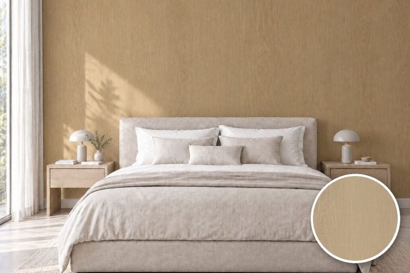 Anwendungsbeispiel mit Coverstyl Möbelfolie Ochre Oak – Eiche mittel, rechts unten die Oberfläche im Detail