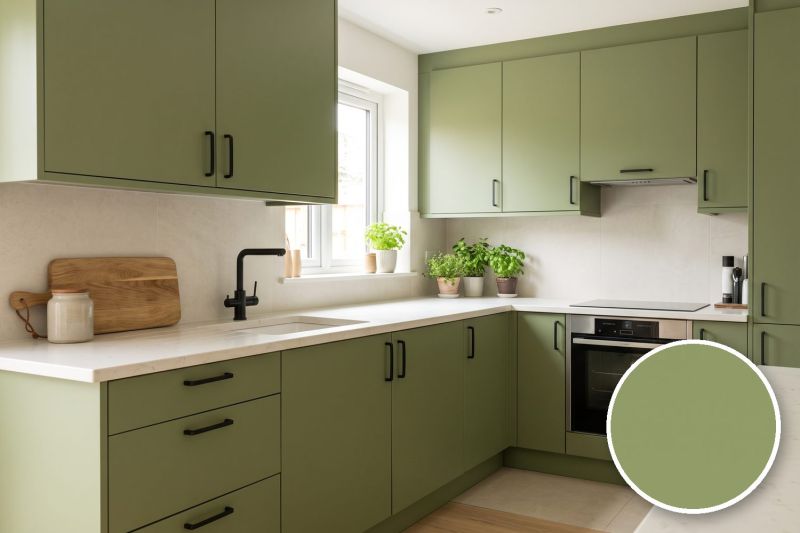 Anwendungsbeispiel mit Coverstyl Möbelfolie Olive – Uni olivgrün, rechts unten die Oberfläche im Detail