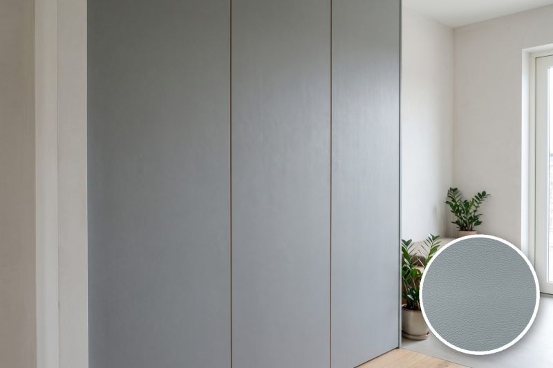 Anwendungsbeispiel mit Coverstyl Möbelfolie Pearl gray – Lederoptik perlgrau, rechts unten die Oberfläche im Detail
