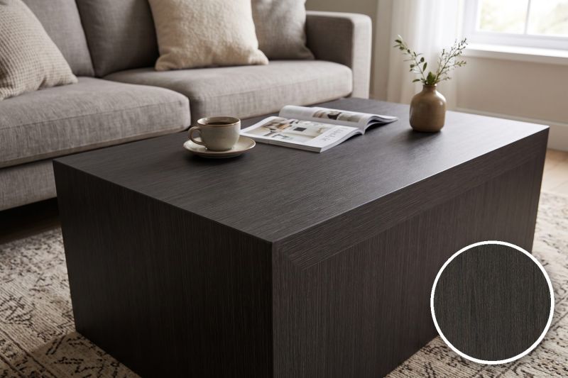 Anwendungsbeispiel mit Coverstyl Möbelfolie Antique Oak – Eiche dunkel, rechts unten die Oberfläche im Detail