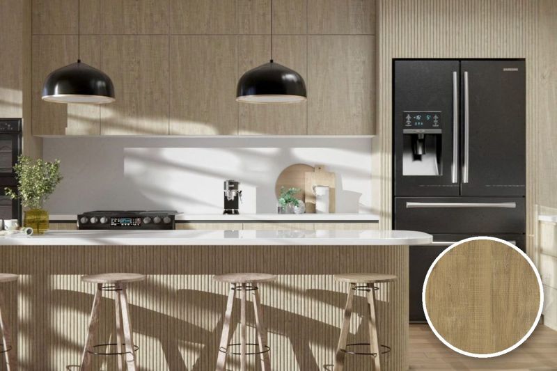 Anwendungsbeispiel mit Coverstyl Möbelfolie High Resistant - Bucolic Oak – Eiche mittel, rechts unten die Oberfläche im Detail