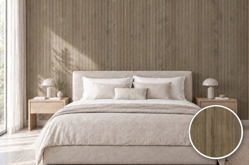 Anwendungsbeispiel mit Coverstyl Möbelfolie Slim Taupe – Holz-Linienoptik taupe, rechts unten die Oberfläche im Detail
