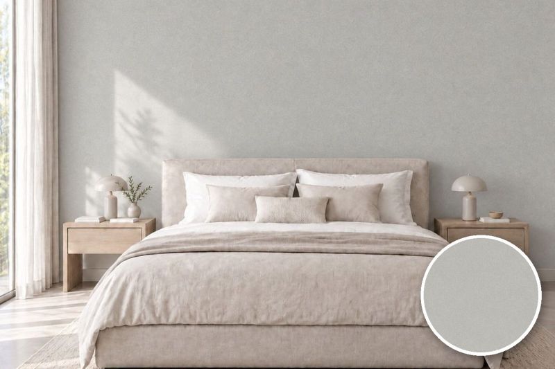 Anwendungsbeispiel mit Coverstyl Möbelfolie Quartz Gray – Quarz grau, rechts unten die Oberfläche im Detail