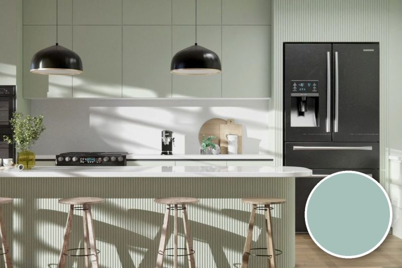 Anwendungsbeispiel mit Coverstyl Möbelfolie Pistachio – Uni pistaziengrau seidenmatt, rechts unten die Oberfläche im Detail