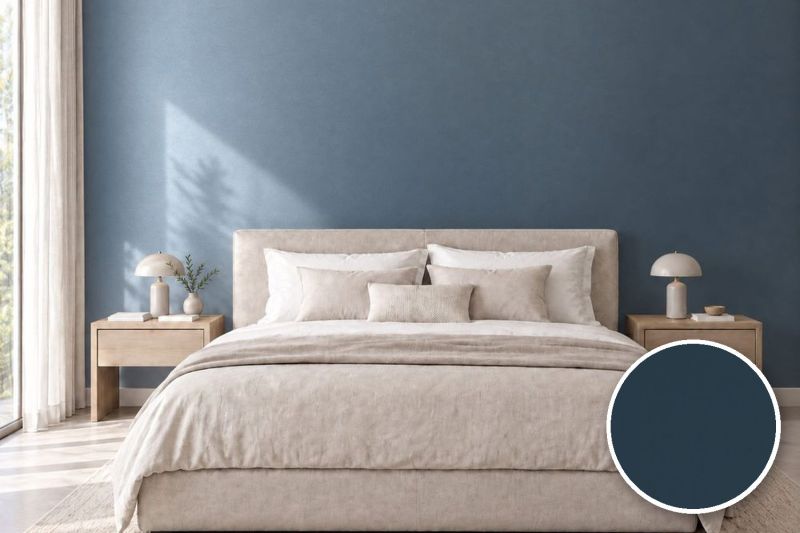 Anwendungsbeispiel mit Coverstyl Möbelfolie Suede Blue – Wildleder-Metalloptik Blau, rechts unten die Oberfläche im Detail