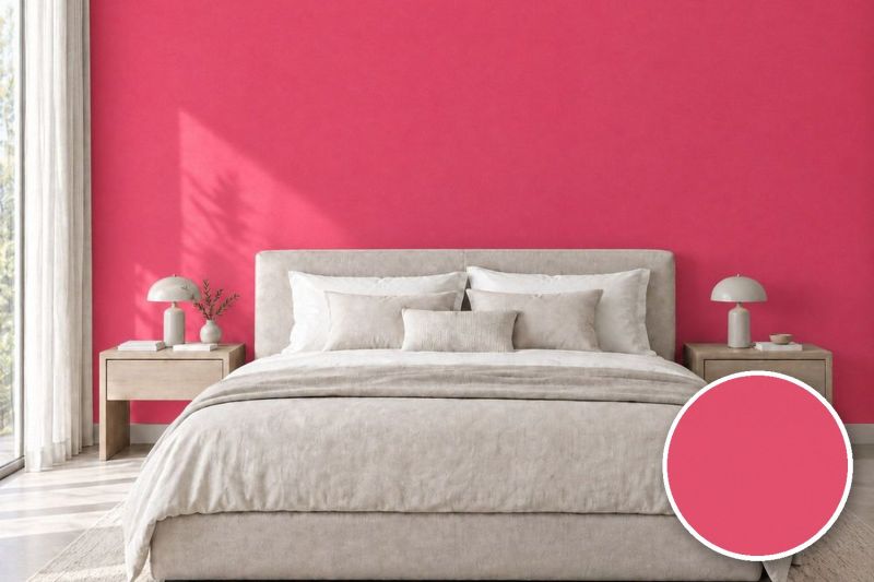Anwendungsbeispiel mit Coverstyl Möbelfolie Guava – Uni korallrot, rechts unten die Oberfläche im Detail