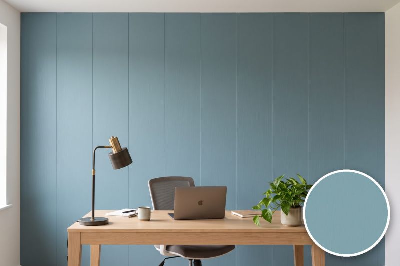 Anwendungsbeispiel mit Coverstyl Möbelfolie Sky – Holzoptik himmelblau, rechts unten die Oberfläche im Detail