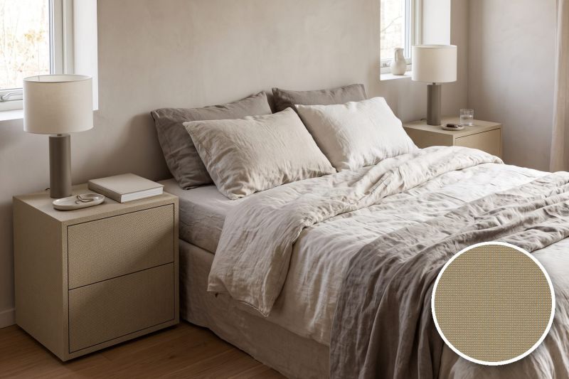 Anwendungsbeispiel mit Coverstyl Möbelfolie Alloy Loom – Webstruktur-Bastoptik sandbraun, rechts unten die Oberfläche im Detail