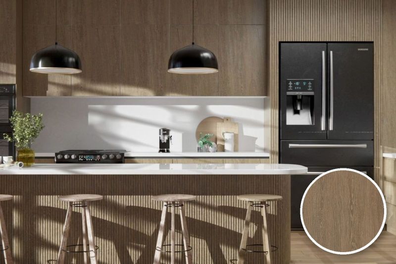 Anwendungsbeispiel mit Coverstyl Möbelfolie Structured Oak – Eiche dunkel, rechts unten die Oberfläche im Detail
