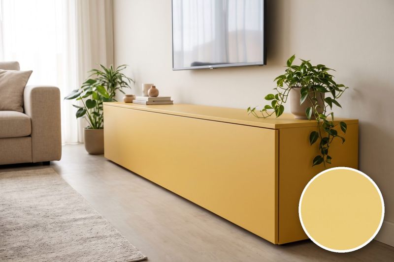 Anwendungsbeispiel mit Coverstyl Möbelfolie Honey Mustard – Uni elfenbein, rechts unten die Oberfläche im Detail