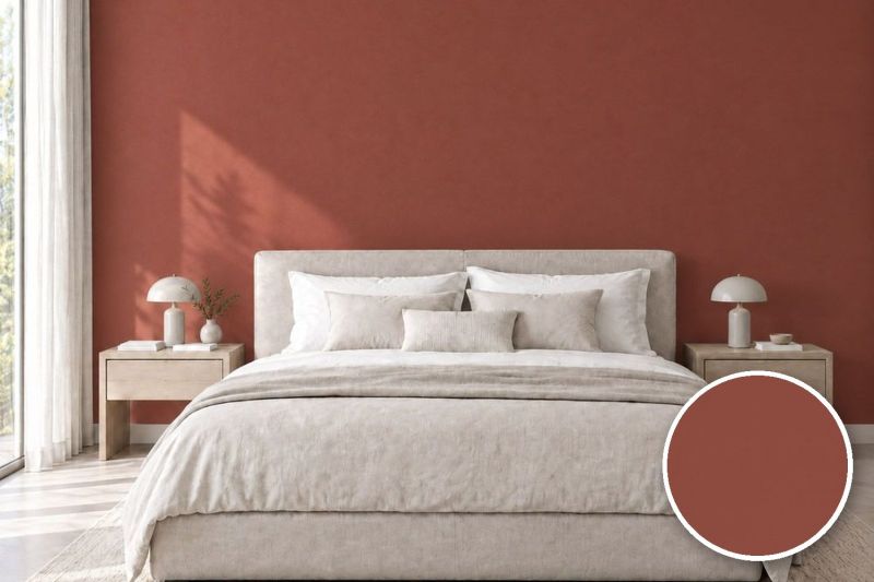 Anwendungsbeispiel mit Coverstyl Möbelfolie Terracotta – Uni terrakotta, rechts unten die Oberfläche im Detail