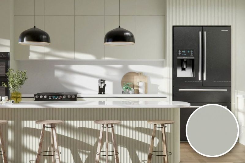 Anwendungsbeispiel mit Coverstyl Möbelfolie Pebble – Uni kieselgrau, rechts unten die Oberfläche im Detail