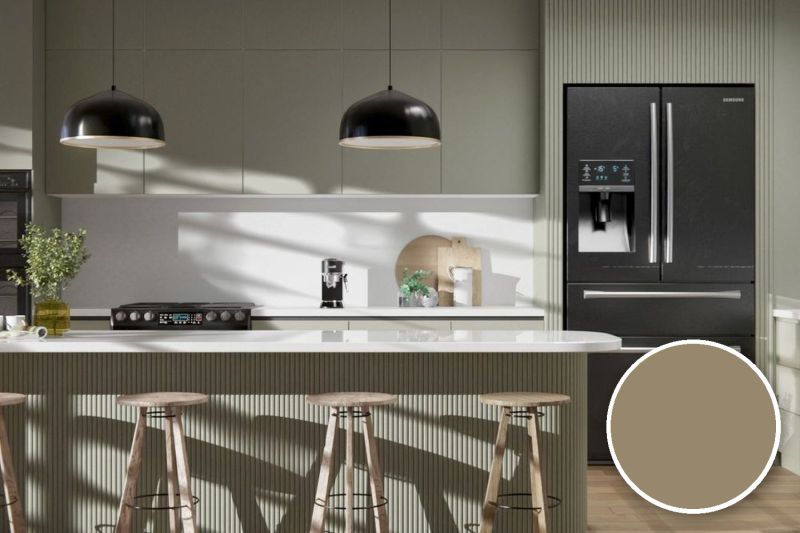 Anwendungsbeispiel mit Coverstyl Möbelfolie Khaki – Uni gelbgrau, rechts unten die Oberfläche im Detail