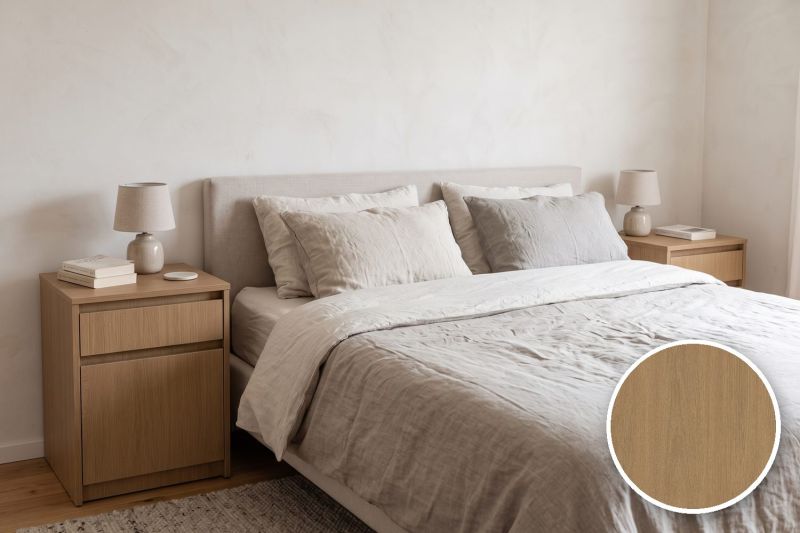 Anwendungsbeispiel mit Coverstyl Möbelfolie Honeycomb Oak – Eiche mittel, rechts unten die Oberfläche im Detail