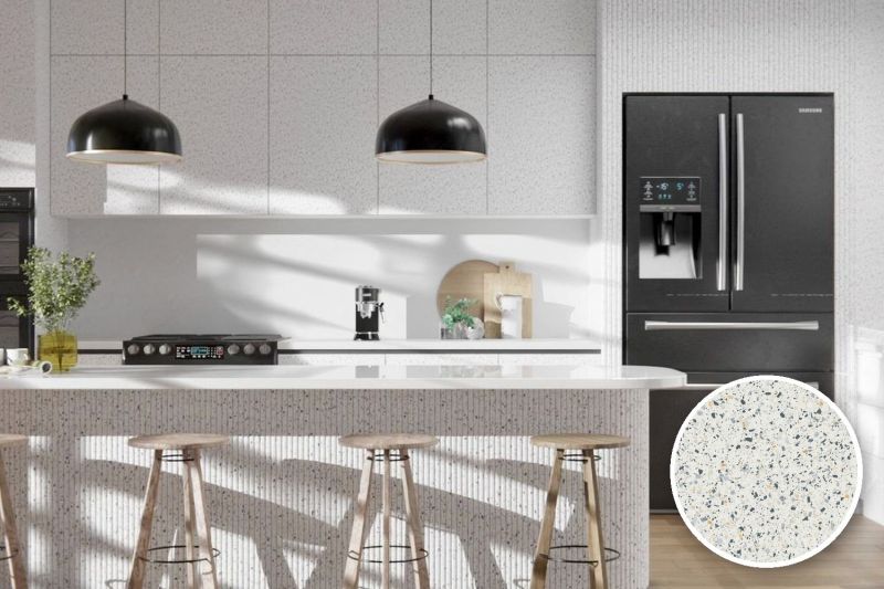 Anwendungsbeispiel mit Coverstyl Möbelfolie Mixed blue – Terrazzo blau, rechts unten die Oberfläche im Detail