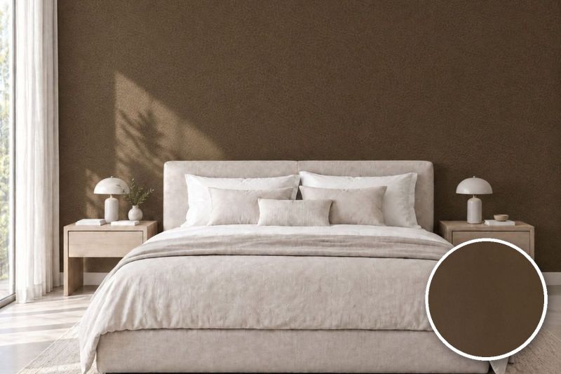Anwendungsbeispiel mit Coverstyl Möbelfolie Cocoa – Lederoptik kakaobraun, rechts unten die Oberfläche im Detail
