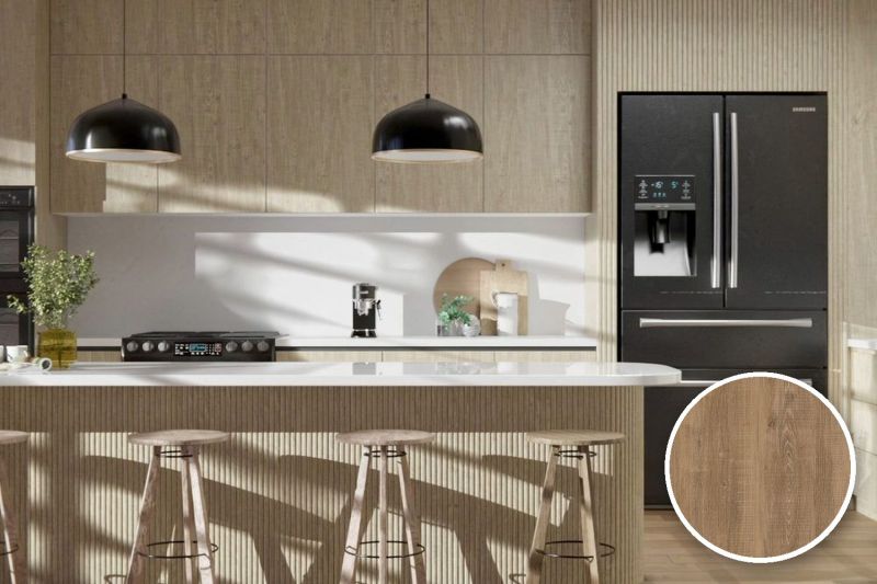 Anwendungsbeispiel mit Coverstyl Möbelfolie PVC Free - Bucolic Oak – Eiche mittel, rechts unten die Oberfläche im Detail