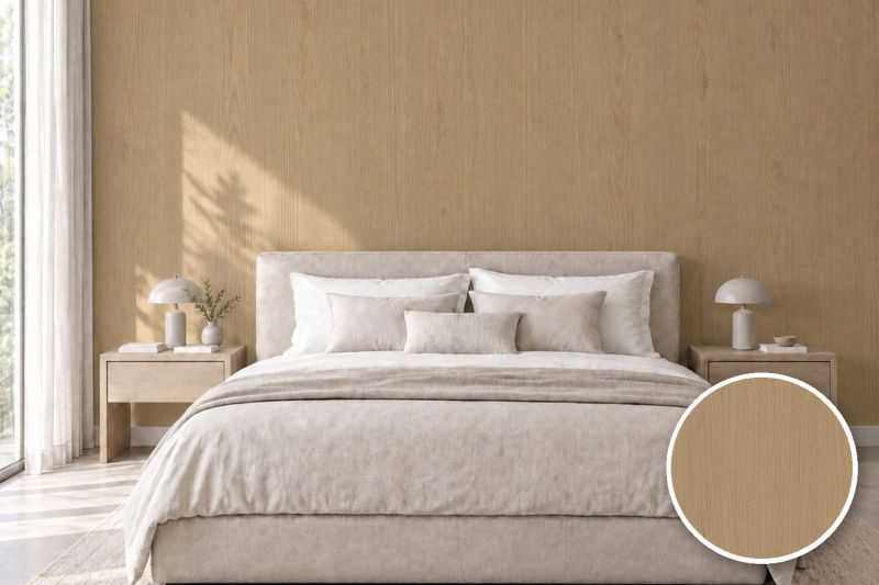 Anwendungsbeispiel mit Coverstyl Möbelfolie Clay Oak – Eiche mittel, rechts unten die Oberfläche im Detail