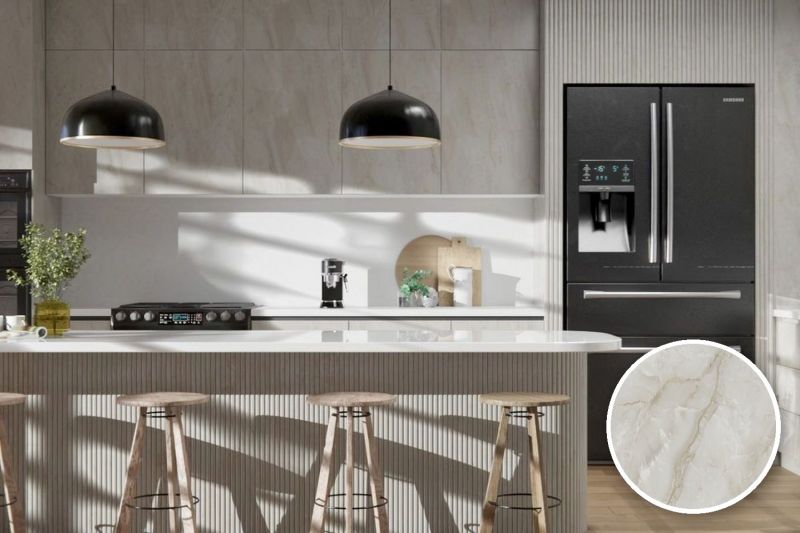 Anwendungsbeispiel mit Coverstyl Möbelfolie High Resistant - Onyx Gold – Marmor gold, rechts unten die Oberfläche im Detail