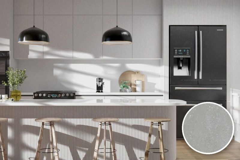 Anwendungsbeispiel mit Coverstyl Möbelfolie Mixed Gray – Terrazzo grau, rechts unten die Oberfläche im Detail