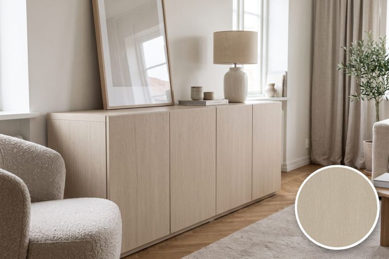 Anwendungsbeispiel mit Coverstyl Möbelfolie American Oak – Eiche hell, rechts unten die Oberfläche im Detail