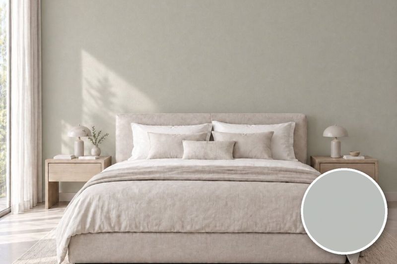 Anwendungsbeispiel mit Coverstyl Möbelfolie Silver Beige – Uni silberbeige, rechts unten die Oberfläche im Detail