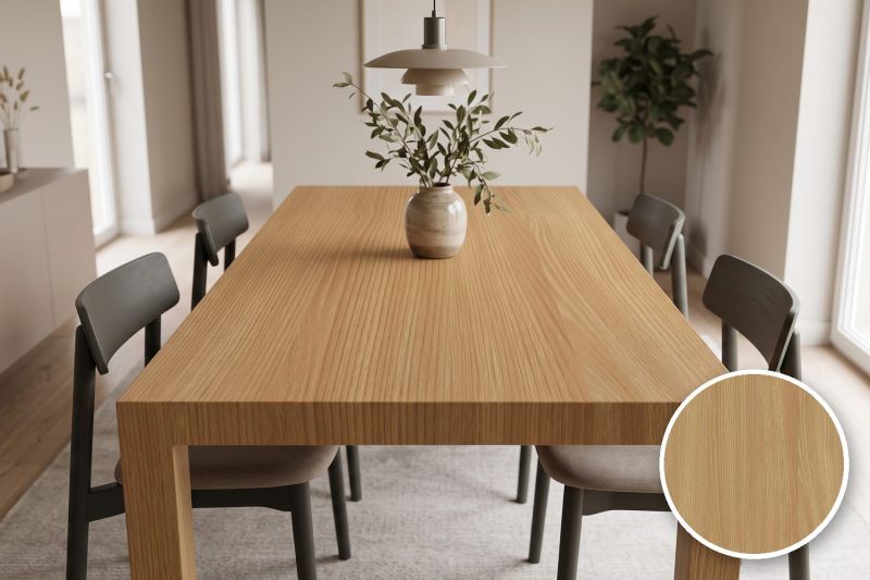 Anwendungsbeispiel mit Coverstyl Möbelfolie Pecan Oak – Eiche hell, rechts unten die Oberfläche im Detail