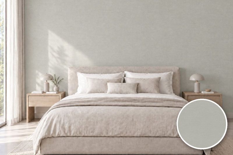 Anwendungsbeispiel mit Coverstyl Möbelfolie Rustic Fendi – Stoffoptik rustikal taupe, rechts unten die Oberfläche im Detail