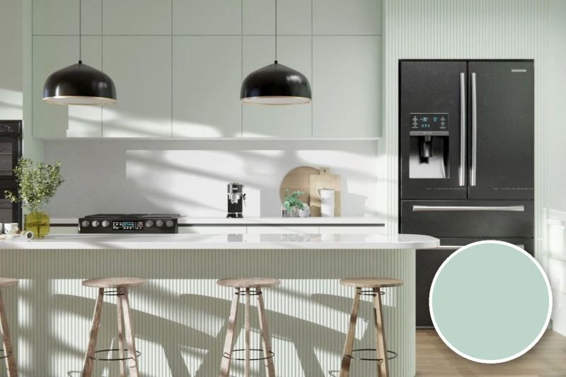 Anwendungsbeispiel mit Coverstyl Möbelfolie Mint – Uni mintweiß, rechts unten die Oberfläche im Detail