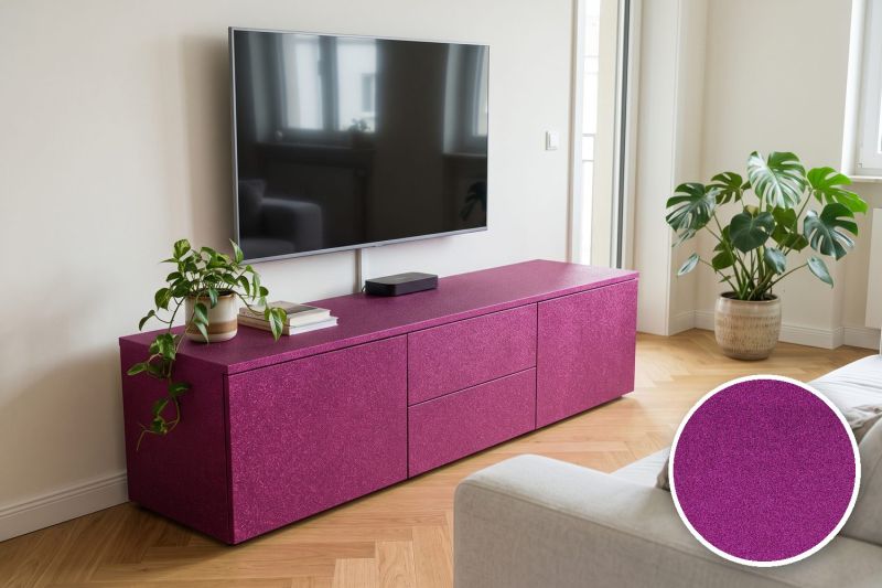 Anwendungsbeispiel mit Coverstyl Möbelfolie Pink Disco – Glitzer Pink, rechts unten die Oberfläche im Detail