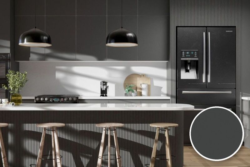 Anwendungsbeispiel mit Coverstyl Möbelfolie Charcoal – Uni kohlegrau seidenmatt, rechts unten die Oberfläche im Detail