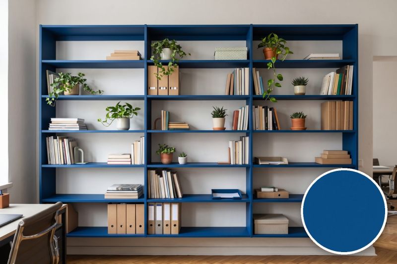 Anwendungsbeispiel mit Coverstyl Möbelfolie Cobalt – Uni signalblau, rechts unten die Oberfläche im Detail
